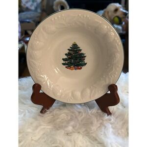 GTI Christmas Tree Rimmed Cereal Bowl Holly Berry Embossed 7.5 Inch White Green